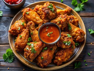 Fototapeta premium Crispy Chicken Wings Sauce Plate Meat Low Light Photography