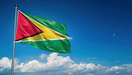 The flag of Guyana flutters gracefully on a pole under a bright blue sky adorned with soft, white clouds. This moment captures the essence of national pride and identity against nature's backdrop