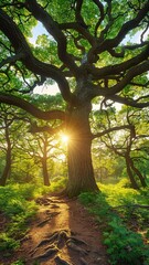 A majestic tree with sprawling branches stands in a sunlit forest, surrounded by lush greenery and a winding path, creating a serene natural scene.