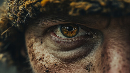 Close up of intense eye with dirt and rugged appearance