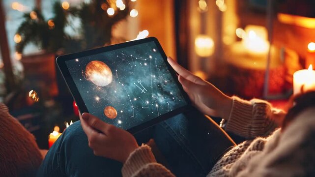 A woman holds a tablet displaying a celestial map with planets and constellations, set against a warm and festive background illuminated by soft fairy lights