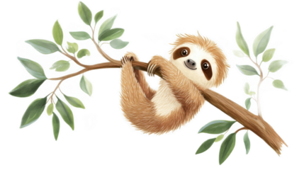 Charming Illustrated Sloth Hanging from a Branch Surrounded by Lush Green Leaves, Perfect for Nature-Themed Projects and Animal Lovers' Designs