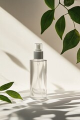 Transparent bottle with a dispenser and leaf shadows