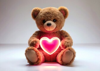Cute Bear Holding Neon Heart Toy - White Background - Copy Space