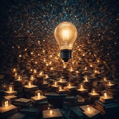 A glowing bulb floating in a sea of floating books in a surreal world.