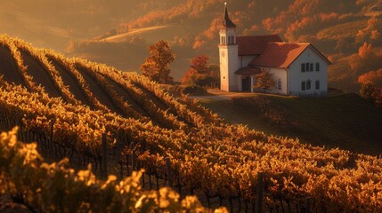 Picturesque village church at golden hour sunset.
