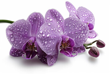 A close-up of vibrant purple orchid flowers covered in fresh water droplets, isolated on a white background. The petals are detailed, with intricate textures and rich colors, highlighting the natural 