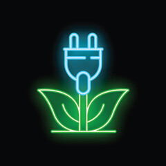 Neon sign depicting an electric plug emerging from a plant, conveying the concept of sustainable and renewable energy sources