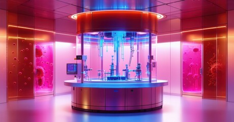Robotic blood purification station filtering toxins and pathogens without invasive procedures, featuring futuristic automation, sterile environment, and cutting-edge biotechnological systems