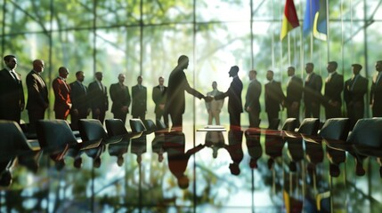 Group of diplomats shaking hands in a peaceful conference room, symbolizing a ceasefire agreement, international diplomacy and global peace efforts.