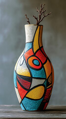 Close-up of a handmade ceramic vase with abstract design, bright and intricate patterns