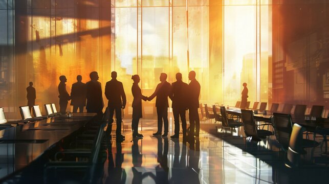 Group of diplomats shaking hands in a peaceful conference room, symbolizing a ceasefire agreement, international diplomacy and global peace efforts.