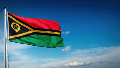 As the flag of Vanuatu flutters vigorously in the gentle breeze, it proudly represents the nation's rich culture and heritage against a stunning backdrop of clear blue skies