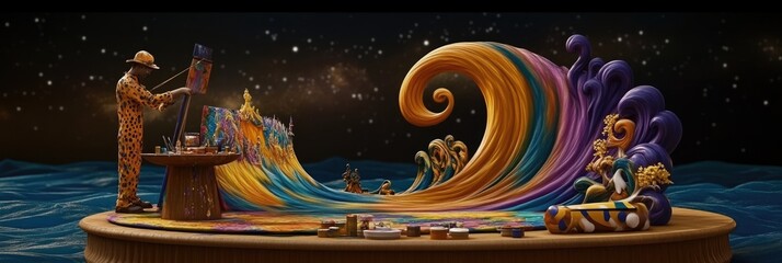 Artist paints wave art, night sea background. Digital art, fantasy illustration