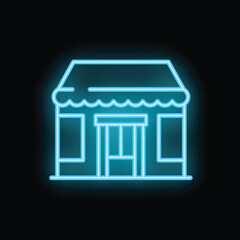 Neon sign representing a store front, with glowing blue neon tube lights over a black background