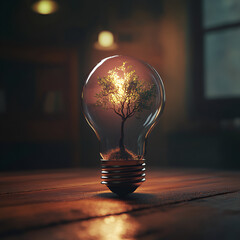 Tree of Ideas: A miniature tree bursts to life within a glowing light bulb, symbolizing the power of innovation, sustainable growth, and the potential for new beginnings.  