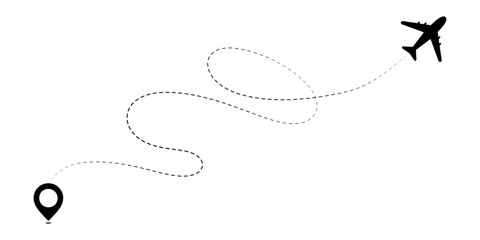 Airplane route travel vector icon. Travel from starting point to destination by plane.