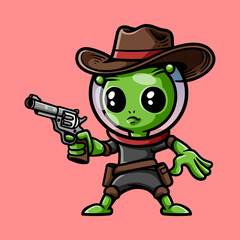 fun alien cowboy cartoon colored character isolated drawing line art style sketch classic vintage design illustration