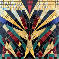 Art Deco mosaic with bold geometric shapes and rich jewel tones