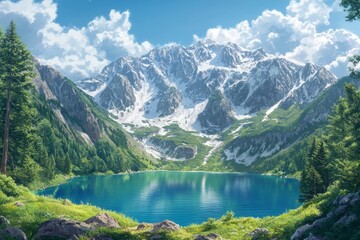 Obraz premium Stunning blue lake nestled in mountains with snow capped peaks, perfect for adventure photography