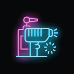 Professional electric drying painting gun blowing hot air in neon style vector illustration