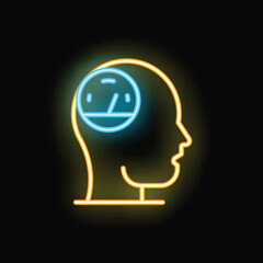 Neon sign illustrating the concept of thinking speed with a speedometer inside a human head profile on black background