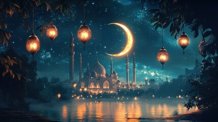 Night Scene of Mosque with Crescent Moon and Lanterns