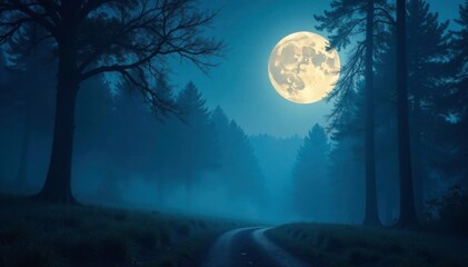 Fototapeta premium A full moon casts an ethereal glow on a misty forest, shadows, full moon, mystery