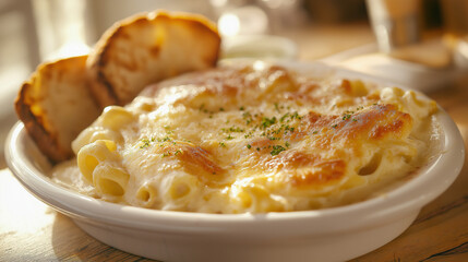 Serving perfectly cooked macaroni and cheese on a white platter, drizzled with cream cheese sauce, served with garlic bread