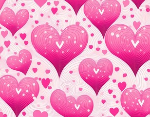Pink white background with hearts and dots, seamless pattern, vector drawing wide horizontal