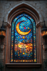 Obraz premium Colorful stained glass window with crescent moon and stars in cathedral setting