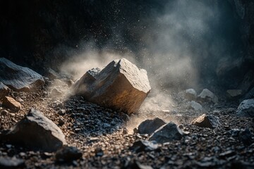 Extreme close up of cave walls and rocks in darkness with dust and shadows captured cinematically