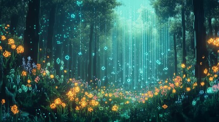 Obraz premium Pixel-art background of a spring forest with tall pixelated trees, blooming flowers, and glowing digital lines weaving through the scene. The network glows in soft blues and greens 