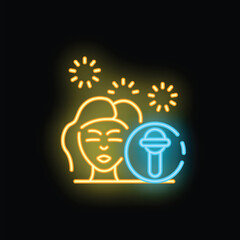 Neon sign representing a woman singing karaoke next to fireworks celebrating new year's eve