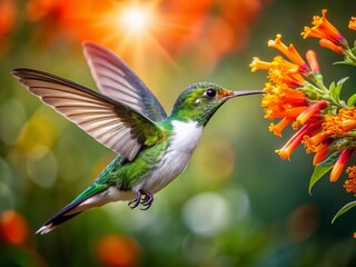 Fototapeta premium Dazzling Hummingbird on Orange Bloom - Rule of Thirds AI Art