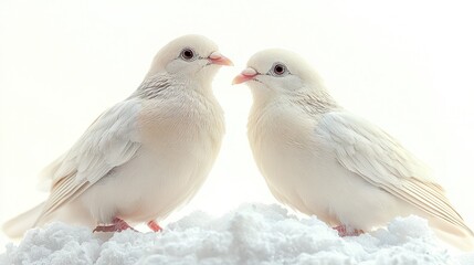 Fototapeta premium Two white doves facing each other in close proximity on white background