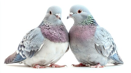 Close-up portrait of two charming pigeons facing each other on white background