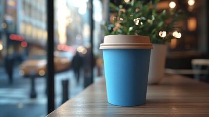 Blue coffee cup on cafe table, city view