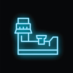 Blue neon icon of an oil platform shining on a dark background