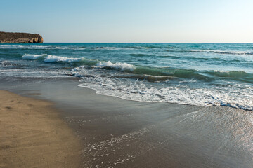 Mediterranean seacoast at the Patara beach on a sunny day with blue sea Antalya region, Turkey.