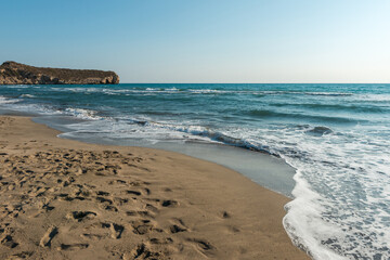 Mediterranean seacoast at the Patara beach on a sunny day with blue sea Antalya region, Turkey.
