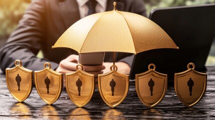 Cybersecurity and Data Protection:  Golden Shields and Umbrella Representing Secure Digital Assets and Robust Protection