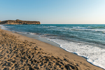 Mediterranean seacoast at the Patara beach on a sunny day with blue sea Antalya region, Turkey.