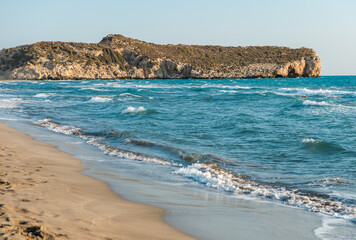 Mediterranean seacoast at the Patara beach on a sunny day with blue sea Antalya region, Turkey.