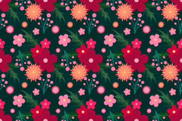 Flowers seamless pattern. Simple cute drawing flowers seamless pattern with floral, tropical, botanical for background, backdrop, fabrics, textiles, fiber, wallpaper and print in vector flowers style.