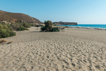 Mediterranean seacoast at the Patara beach on a sunny day with blue sea Antalya region, Turkey.