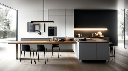 Modern white kitchen with wooden table and black accents, natural light, for home decor