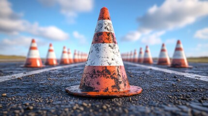 Weathered Traffic Cones Line a Road Ahead