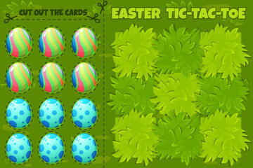 Board game TIC-TAC-TOE. Easter themed. Grass background with Colored egg cards. Spring holiday printable worksheet. Zero and crosses grid.
