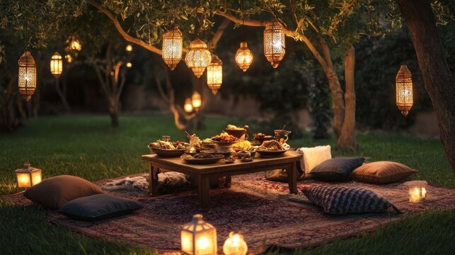 Enchanting Evening: A magical outdoor dinner under the olive trees, illuminated by warm lanterns, creating a serene and romantic atmosphere.